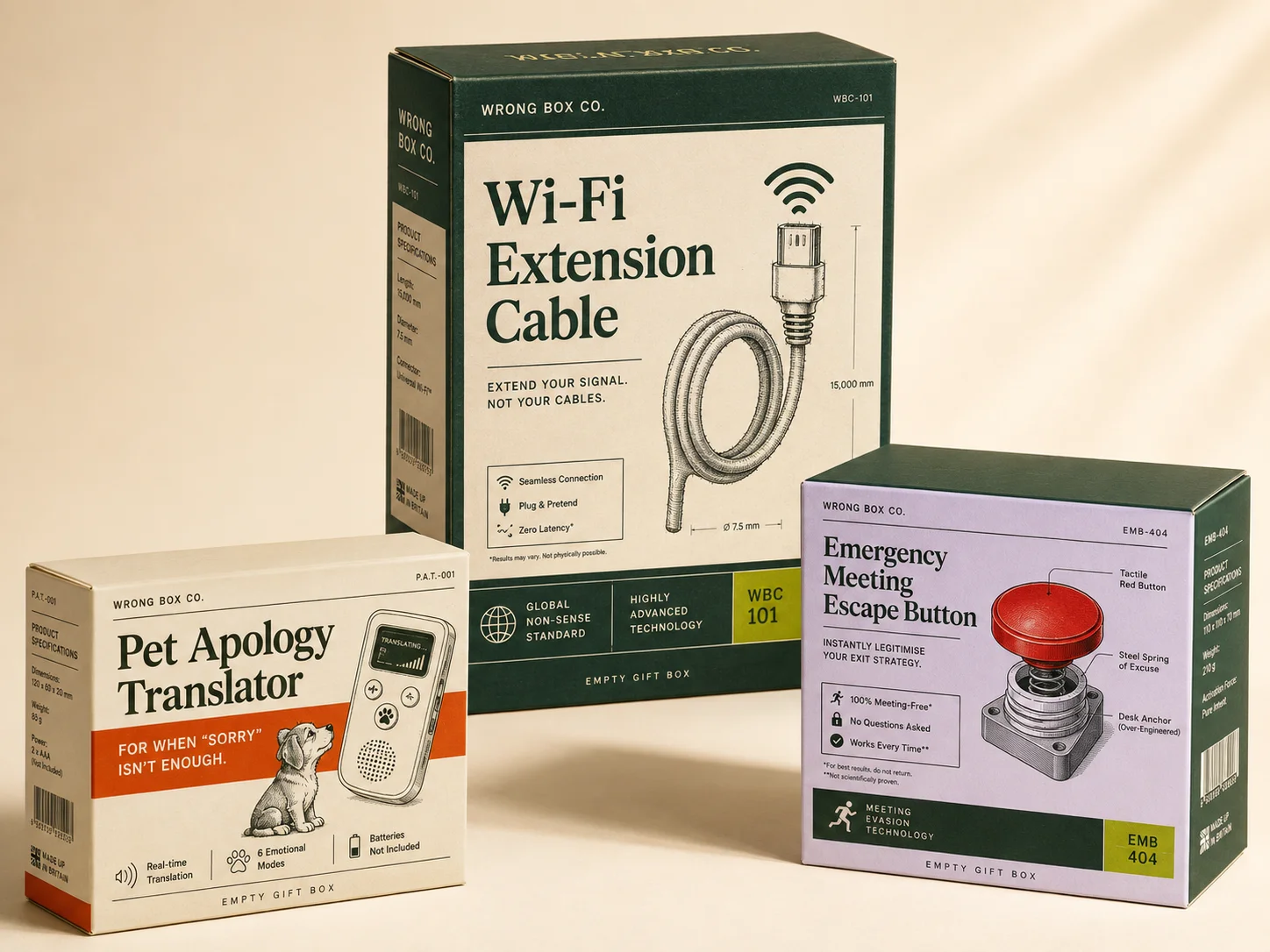 A collection of premium Wrong Box Co. novelty packaging for completely fictional products